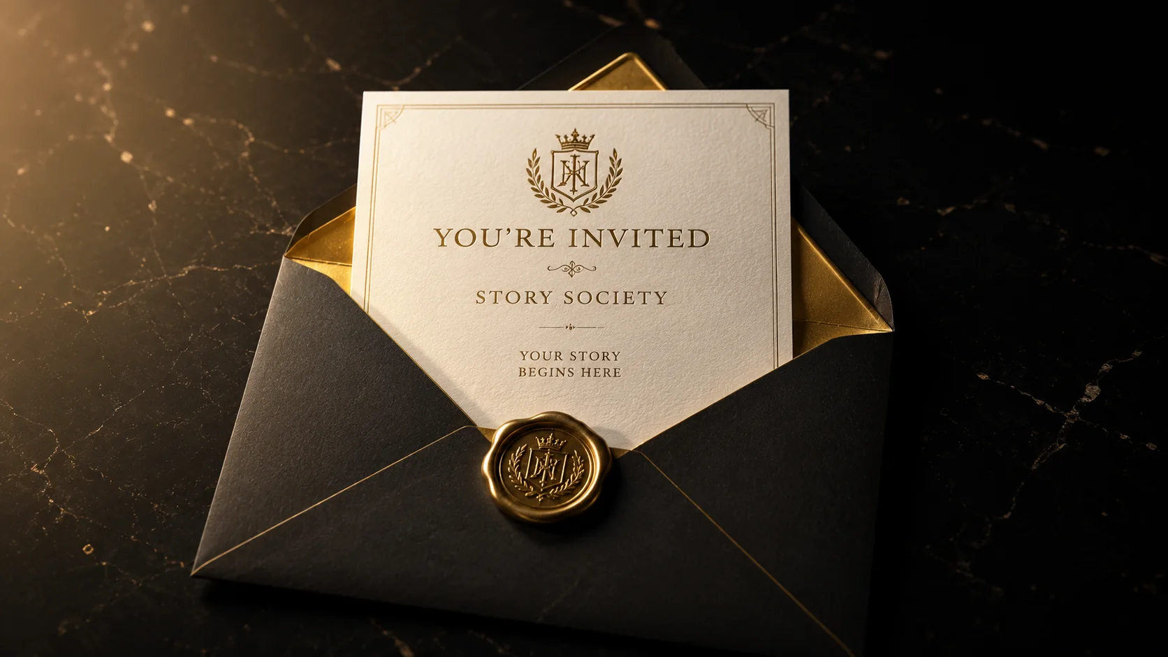An ivory Story Society invitation resting inside a black and gold envelope