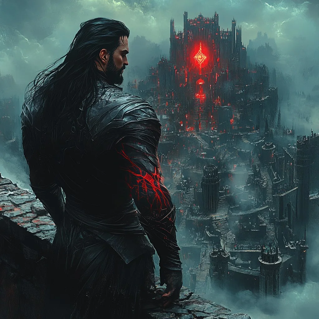 Kairon overlooking a dark fortress illuminated by red light