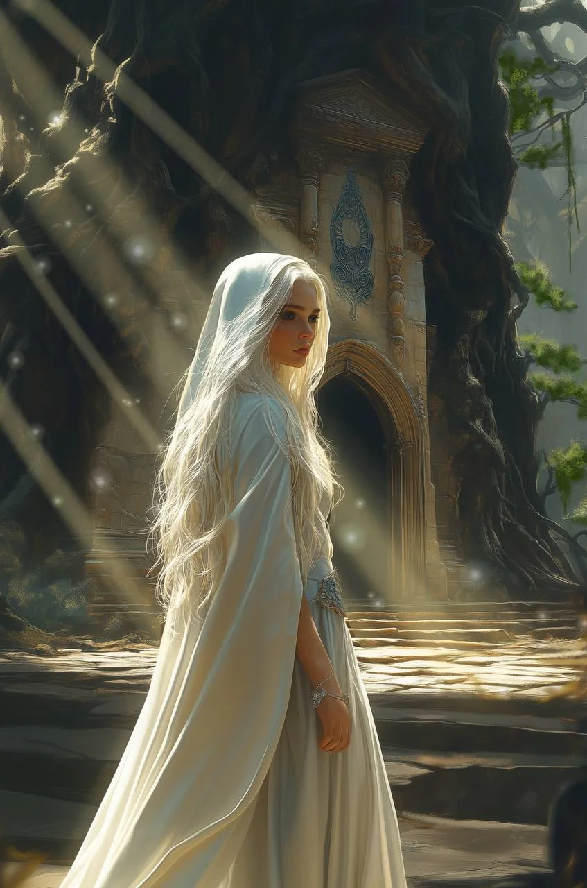 Melia in white standing in a luminous ancient forest