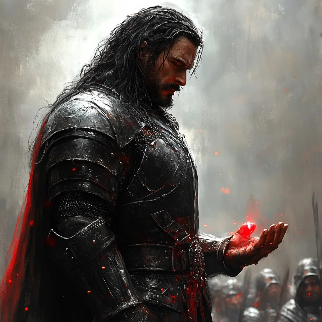 Talgor in black armor holding a glowing red stone
